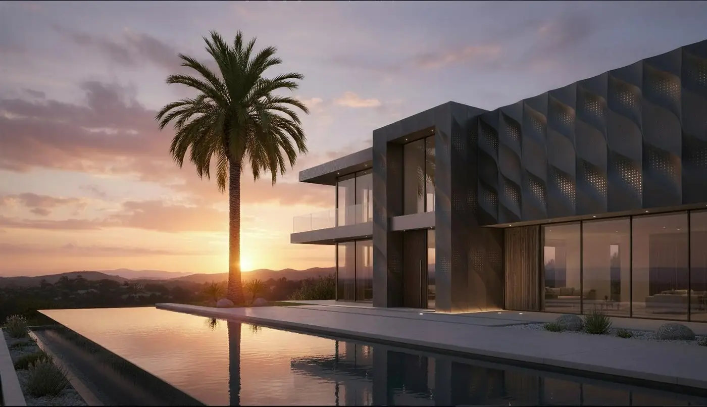 Private house with a 3D metal facade at sunset
