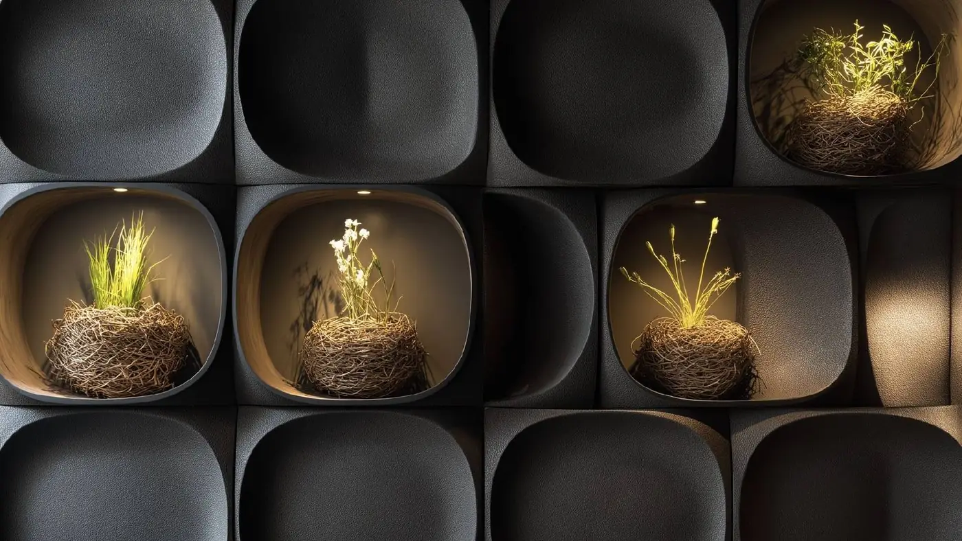 Deep-drawn metal panels forming planted niches