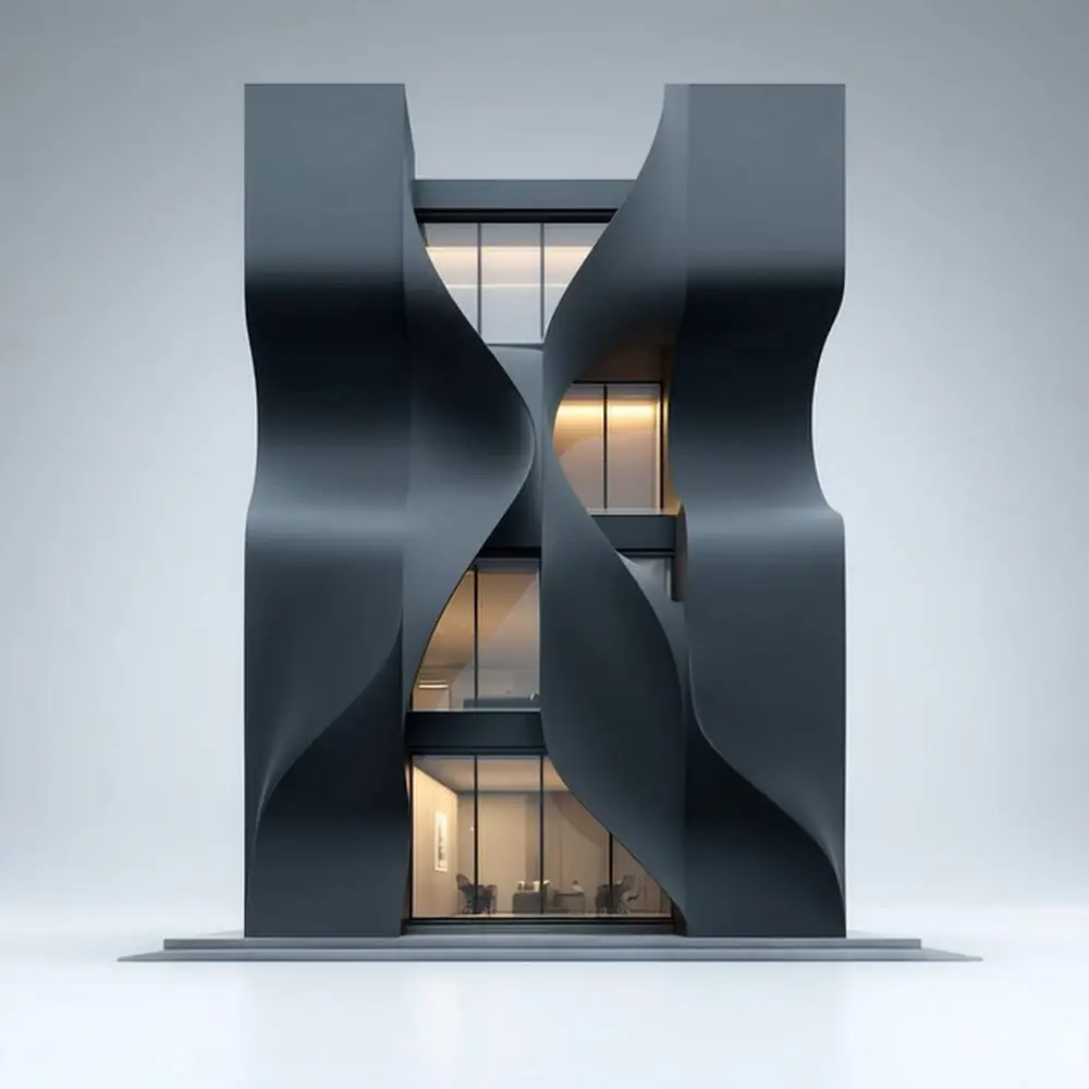 Building wrapped in twisted 3D metal panels, concept visualisation