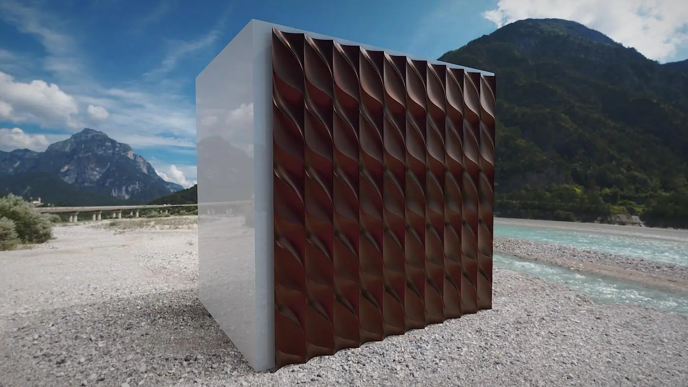 Red 3D metal panel sample outdoors