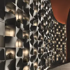Wall of deep 3D metal panels with integrated planting and light