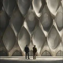 Two people in front of a facade of curved metal cells