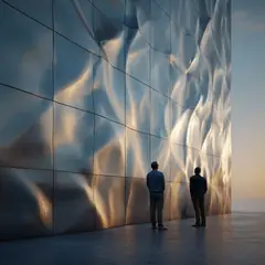 Undulating metal facade reflecting the evening light