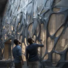 Two people touching an organic perforated metal facade